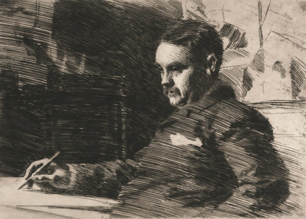 Man with mustache drawing at a desk